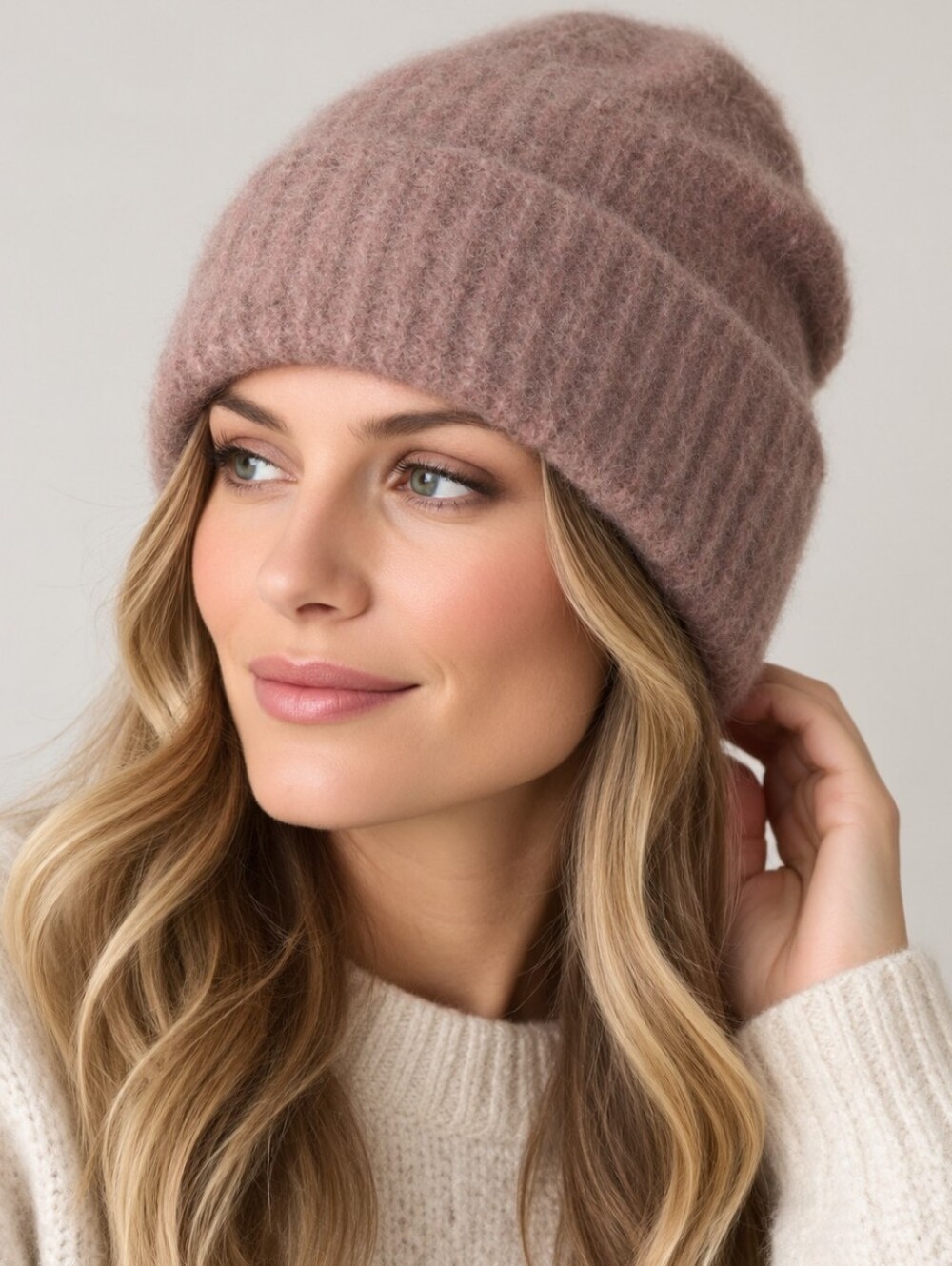 Jason Wu Alpaca Blend Knit Beanie Hat Dusty Rose Pink Brown Fuzzy Unisex One Sz